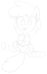 Size: 1215x1920 | Tagged: safe, artist:wafflecakes, oc, oc only, earth pony, pony, clothes, monochrome, simple background, sitting, smiling, socks, spread legs, spreading, tongue out