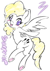 Size: 1668x2388 | Tagged: safe, artist:php156, imported from derpibooru, surprise, pegasus, pony, adoraprise, blushing, butt, colored underhoof, cute, female, full body, g1, g1 to g4, g4, generation leap, heart, hoof heart, looking at you, looking back, mare, plot, simple background, surprise being surprise, tongue out, underhoof, white background