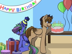 Size: 1200x900 | Tagged: safe, artist:doodle-hooves, imported from derpibooru, oc, oc only, oc:lishka, oc:talu gana, pegasus, pony, balloon, birthday, cake, commissioner:biohazard, cowboy hat, duo, eye clipping through hair, eyebrows, eyebrows visible through hair, eyelashes, female, food, happy birthday, hat, male, mare, open mouth, open smile, pegasus oc, present, purple eyes, smiling, stallion, stetson, tail, two toned mane, two toned tail