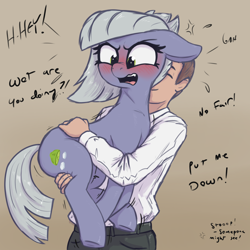 Size: 3000x3000 | Tagged: safe, artist:t72b, imported from derpibooru, limestone pie, oc, oc:anon, earth pony, human, pony, adorable distress, angry, blushing, brown background, cute, duo, female, floppy ears, flustered, holding, holding a pony, limabetes, limetsun pie, madorable, male, mare, open mouth, put me down, simple background, tan background, tsundere
