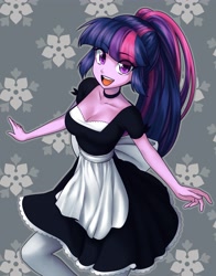 Size: 3218x4096 | Tagged: safe, artist:rileyav, imported from derpibooru, twilight sparkle, human, equestria girls, abstract background, adorasexy, alternate hairstyle, breasts, busty twilight sparkle, choker, cleavage, clothes, commission, cute, dress, eye clipping through hair, eyebrows, eyebrows visible through hair, featured image, female, happy, looking at you, maid, maidlight sparkle, open mouth, open smile, ponytail, reasonably sized breasts, sexy, smiling, smiling at you, solo, stockings, thigh highs, twiabetes
