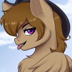 Size: 960x960 | Tagged: safe, artist:alunedoodle, imported from derpibooru, oc, oc only, oc:talu gana, pegasus, pony, :p, bust, chest fluff, commission, commissioner:biohazard, cowboy hat, ear fluff, eyebrows, flirting, hat, looking at you, male, pegasus oc, purple eyes, simple background, solo, stallion, stetson, tongue out, ych result