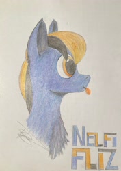 Size: 2280x3214 | Tagged: safe, artist:nelfi_fliz, imported from derpibooru, oc, oc only, oc:nelfi_fliz, pegasus, pony, pegasus oc, solo, tongue out, traditional art