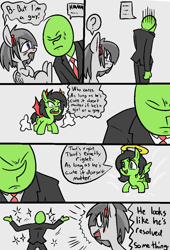 Size: 728x1071 | Tagged: safe, artist:happy harvey, imported from derpibooru, rumble, oc, oc:anon, oc:filly anon, human, pegasus, pony, angel, bisexual, bow, clothes, colt, comic, crossdressing, demon wings, devil, devil horns, dialogue, drawthread, female, filly, foal, hair bow, halo, horns, male, meme, needless, phone drawing, ponified, ponified meme, shoulder angel, shoulder devil, sparkles, speech bubble, suit, trap, wings