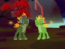 Size: 356x266 | Tagged: safe, imported from derpibooru, screencap, dragon, hybrid, longma, them's fightin' herds, animated, community related, foal, huoshan, no sound, sparkler (firework), webm, young