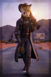 Size: 789x1200 | Tagged: safe, artist:sgt.acey, imported from derpibooru, oc, oc only, oc:talu gana, anthro, pegasus, plantigrade anthro, 3d, action pose, anthro oc, artillery, clothes, commissioner:biohazard, cowboy hat, eyebrows, fallout, fallout: new vegas, gift art, gun, hat, looking at you, male, ncr ranger, pegasus oc, purple eyes, raffle prize, rifle, sniper rifle, solo, stallion, stetson, walking, weapon