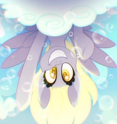Size: 1583x1668 | Tagged: safe, artist:carouselunique, imported from derpibooru, derpy hooves, pegasus, pony, bubble, cloud, cute, derpabetes, februpony, female, looking at you, mare, smiling, smiling at you, solo, upside down
