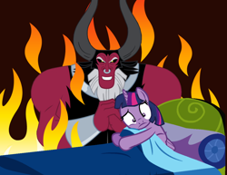 Size: 1054x814 | Tagged: safe, artist:swiftgaiathebrony, imported from derpibooru, lord tirek, twilight sparkle, alicorn, centaur, pony, taur, bed, evil, evil grin, female, fire, grin, male, mare, night, nightmare, smiling, twilight sparkle (alicorn)