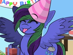 Size: 1920x1440 | Tagged: safe, artist:doodle-hooves, imported from derpibooru, oc, oc only, oc:lishka, pegasus, pony, :p, ^^, cake, eye clipping through hair, eyebrows, eyebrows visible through hair, eyelashes, eyes closed, female, food, gift art, happy birthday, hat, mare, party hat, pegasus oc, present, solo, spread wings, tail, tongue out, two toned mane, two toned tail, wings