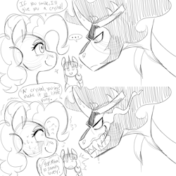 Size: 3000x3000 | Tagged: safe, artist:gingygin, imported from derpibooru, king sombra, pinkie pie, twilight sparkle, alicorn, earth pony, pony, unicorn, ..., 2 panel comic, comic, crystal, dialogue, drool, fangs, female, grayscale, grin, high res, male, mare, monochrome, nervous, sharp teeth, sketch, smiling, sombra eyes, speech bubble, stallion, sweat, sweating profusely, teeth, that pony sure does love crystals, twilight sparkle (alicorn)