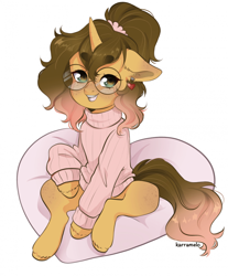 Size: 960x1157 | Tagged: safe, artist:karramelo, imported from derpibooru, oc, oc only, unicorn, clothes, freckles, glasses, horn, pillow, ponytail, simple background, sweater, unicorn oc, white background