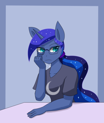 Size: 1600x1900 | Tagged: safe, artist:zachc, imported from derpibooru, princess luna, alicorn, anthro, clothes, female, glasses, ponytail, shirt, solo, t-shirt
