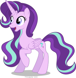 Size: 2045x2093 | Tagged: safe, artist:stellardusk, imported from derpibooru, starlight glimmer, alicorn, pony, alicornified, female, high res, mare, older, older starlight glimmer, open mouth, race swap, raised hoof, simple background, smiling, solo, starlicorn, transparent background