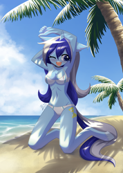 Size: 1000x1407 | Tagged: safe, artist:howxu, imported from derpibooru, minuette, anthro, unguligrade anthro, armpits, beach, belly button, bikini, breasts, clothes, commission, kneeling, midriff, one eye closed, open mouth, palm tree, solo, swimsuit, tree