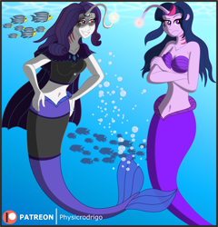 Size: 1600x1669 | Tagged: safe, artist:physicrodrigo, idw, imported from derpibooru, rarity, twilight sparkle, fish, mermaid, series:equestria mermaids, equestria girls, ponies of dark water, bra, breasts, bubble, corrupted, doctor doomity, female, fish tail, mermaid tail, mermaidized, mermarity, ocean, seashell bra, species swap, spinoff, tail, underwater, water