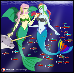 Size: 1600x1578 | Tagged: safe, artist:physicrodrigo, idw, imported from derpibooru, fluttershy, rainbow dash, fish, mermaid, narwhal, series:equestria mermaids, equestria girls, ponies of dark water, bra, breasts, bubble, corrupted, fish tail, mermaid tail, mermaidized, ocean, poison ivyshy, seashell bra, species swap, spinoff, tail, underwater, water