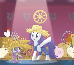 Size: 1380x1214 | Tagged: safe, imported from derpibooru, screencap, rarity, spike, bird, chicken, dragon, pig, pony, unicorn, season 4, simple ways, banjo, cropped, female, hat, hay, male, mare, musical instrument, pitchfork, rarihick, spotlight, straw hat