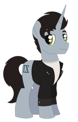 Size: 1115x1747 | Tagged: safe, artist:dyonys, imported from derpibooru, oc, oc only, oc:ice nine, pony, unicorn, clothes, frown, horn, ice nine kills, jacket, leather jacket, looking at you, male, ponified, shirt, simple background, spencer charnas, stallion, standing, transparent background, unicorn oc