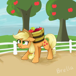 Size: 1280x1280 | Tagged: safe, artist:brella, imported from derpibooru, applejack, earth pony, pony, angry, apple, apple basket, apple tree, applejack is not amused, cute, female, fence, grumpy, jackabetes, madorable, mare, solo, tree, unamused