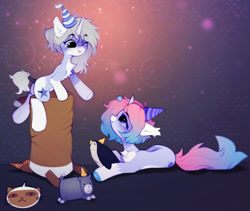 Size: 1280x1081 | Tagged: safe, artist:astralblues, imported from derpibooru, oc, oc only, oc:astral blues, oc:silver star, bird, penguin, pony, unicorn, birthday, body markings, chest fluff, coat markings, colored hooves, ear fluff, female, hat, horn, looking at each other, looking at someone, lying down, mare, one eye closed, pale belly, party hat, prone, socks (coat markings), unicorn oc