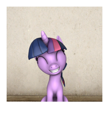 Size: 2460x2863 | Tagged: safe, artist:charismatic pony, imported from derpibooru, twilight sparkle, pony, unicorn, 3d, eyes closed, grin, polaroid, revamped ponies, sitting, smiling, solo, source filmmaker, unicorn twilight, wall