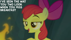 Size: 1280x720 | Tagged: safe, edit, edited screencap, editor:quoterific, imported from derpibooru, screencap, apple bloom, earth pony, pony, campfire tales, season 7, apple bloom's bow, bow, female, filly, foal, hair bow, open mouth, open smile, smiling, solo