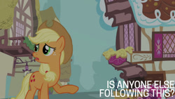 Size: 1280x720 | Tagged: safe, edit, edited screencap, editor:quoterific, imported from derpibooru, screencap, applejack, earth pony, pony, season 3, wonderbolts academy, applejack's hat, cowboy hat, female, hat, mare, open mouth, solo, sugarcube corner