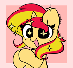 Size: 4272x3931 | Tagged: safe, artist:kittyrosie, imported from derpibooru, sunset shimmer, pony, unicorn, equestria girls, cute, eyebrows, eyebrows visible through hair, female, high res, mare, open mouth, open smile, pink background, shimmerbetes, simple background, smiling, solo, sparkles, sparkly eyes, wingding eyes