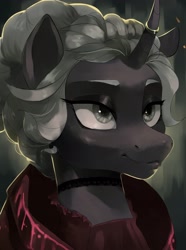 Size: 2340x3150 | Tagged: safe, artist:cadillac-dynamite, imported from derpibooru, oc, oc only, oc:tutor libri, pony, unicorn, equestria at war mod, bust, choker, female, lidded eyes, mare, portrait, solo