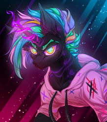 Size: 4300x4920 | Tagged: safe, artist:rico_chan, imported from derpibooru, oc, pony, unicorn, bust, clothes, hoodie, magic, neon, portrait, solo