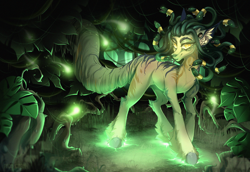 Size: 4000x2756 | Tagged: safe, artist:rico_chan, imported from derpibooru, oc, earth pony, firefly (insect), insect, medusa, pony, glowing, glowing eyes, green, hoof fluff, night, roots, solo, swamp