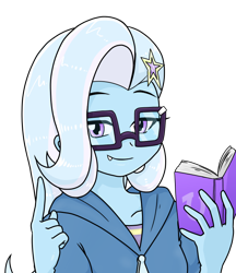 Size: 640x740 | Tagged: safe, alternate version, artist:batipin, imported from derpibooru, trixie, equestria girls, book, cute, cute little fangs, fangs, female, glasses, looking at you, multiple variants, simple background, smiling, solo, transparent background