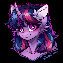 Size: 1500x1500 | Tagged: safe, alternate version, artist:rico_chan, imported from derpibooru, twilight sparkle, anthro, unicorn, bare shoulder portrait, bare shoulders, black background, bust, cheek fluff, ear fluff, female, graffiti, portrait, simple background, solo