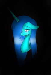 Size: 1898x2787 | Tagged: safe, artist:maneblue, imported from derpibooru, oc, oc only, pony, unicorn, black background, bust, female, frown, hair over one eye, horn, mare, simple background, solo, unicorn oc