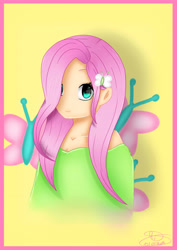 Size: 2059x2912 | Tagged: safe, artist:maneblue, imported from derpibooru, fluttershy, butterfly, human, bust, clothes, cutie mark background, hairpin, humanized, signature, smiling, solo