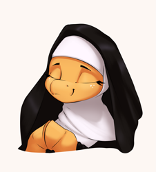 Size: 1953x2163 | Tagged: safe, artist:aquaticvibes, imported from derpibooru, applejack, earth pony, pony, bust, clothes, cute, eyes closed, female, freckles, hooves together, jackabetes, mare, nun, nun applejack, praying, simple background, smiling, solo