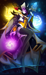 Size: 3000x4800 | Tagged: safe, artist:rico_chan, imported from derpibooru, oc, anthro, unguligrade anthro, cape, clothes, curved horn, dota 2, glowing, horn, invoker, magic staff, ponified, solo