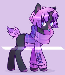 Size: 1024x1170 | Tagged: safe, artist:miioko, imported from derpibooru, oc, oc only, pony, unicorn, :p, base used, clothes, colored hooves, eye clipping through hair, horn, purple background, simple background, solo, tongue out, unicorn oc