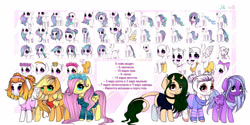 Size: 2500x1250 | Tagged: safe, artist:ponsel, imported from derpibooru, applejack, fluttershy, oc, earth pony, pegasus, pony, unicorn, base, clothes, horn, unicorn oc, wings