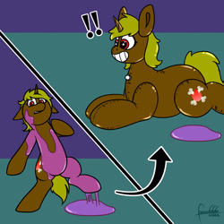 Size: 3000x3000 | Tagged: safe, artist:foxxo666, imported from derpibooru, oc, oc only, oc:funny bones, inflatable pony, pooltoy pony, comic, commission, exclamation point, floppy ears, forced smile, grin, high res, inanimate tf, inflatable, liquid latex, lying down, pool toy, prone, shocked, smiling, standing, standing on one leg, transformation, wingding eyes