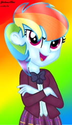 Size: 580x1002 | Tagged: safe, artist:yulianapie26, imported from derpibooru, rainbow dash, equestria girls, abstract background, alternate hairstyle, base used, bowtie, bust, clothes, clothes swap, crossed arms, crystal prep academy uniform, eyelashes, female, looking at you, open mouth, open smile, school uniform, shirt, show accurate, signature, skirt, smiling, smiling at you, solo, three quarter view