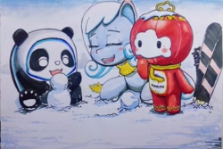 Size: 2688x1800 | Tagged: safe, artist:ph平和, imported from derpibooru, oc, oc:snowdrop, bear, panda, pegasus, pony, bing dwen dwen, china, clothes, colored, eyes closed, friendly, happy, lantern, mascot, olympic games, olympic winter games, olympics, peaceful, scarf, shuey rhon rhon, skis, smiling, snow, traditional art, winter, winter olympic games, winter olympics