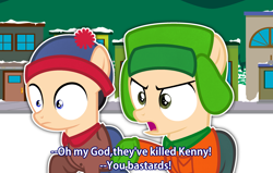 Size: 2808x1784 | Tagged: safe, artist:whiteplumage233, imported from derpibooru, pony, colt, foal, kenny dies again, kyle broflovski, male, oh my god they killed kenny, ponified, south park, stan marsh, subtitles, vulgar