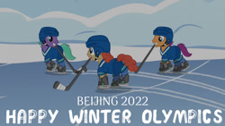 Size: 1280x720 | Tagged: safe, edit, edited screencap, editor:quoterific, imported from derpibooru, screencap, forecheck, grape candy, pumpkin puck, earth pony, pony, season 5, tanks for the memories, beijing 2022, helmet, hockey, male, mouth hold, olympic games, olympic winter games, olympics, snow, sports, stallion, winter olympic games, winter olympics