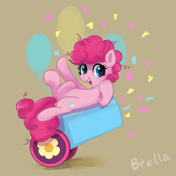 Size: 1280x1280 | Tagged: safe, artist:brella, imported from derpibooru, pinkie pie, earth pony, pony, brown background, cutie mark background, party cannon, simple background, solo