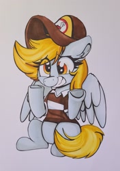 Size: 1438x2048 | Tagged: safe, artist:lbrcloud, imported from derpibooru, derpy hooves, pegasus, pony, cap, clothes, cute, derpabetes, hat, mailmare, mailmare hat, mailmare uniform, sheepish grin, solo, traditional art