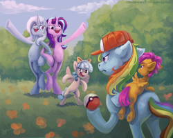 Size: 3500x2800 | Tagged: safe, artist:yarugreat, imported from derpibooru, cozy glow, rainbow dash, scootaloo, starlight glimmer, trixie, pegasus, pony, unicorn, belly button, bipedal, butt, cap, female, filly, flower, foal, hat, looking at each other, looking at someone, mare, multicolored hair, open mouth, plot, poké ball, pokémon, rainbow hair, rainbow tail, spread wings, tabun art-battle finished after, tail, team rocket, unamused, wings