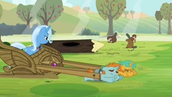 Size: 1280x720 | Tagged: safe, imported from derpibooru, screencap, snails, snips, trixie, beaver, pony, unicorn, magic duel, alicorn amulet, apple, apple tree, female, mare, pulling, that pony sure does hate wheels, tree, tree trunk