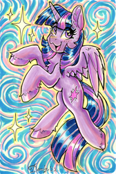 Size: 1806x2684 | Tagged: safe, artist:dandy, imported from derpibooru, twilight sparkle, alicorn, pony, :3, abstract background, chest fluff, copic, cute, ear fluff, female, horn, looking at you, marker drawing, open mouth, solo, traditional art, twiabetes, twilight sparkle (alicorn), unshorn fetlocks, wings