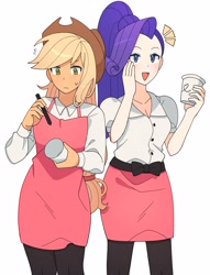 Size: 3016x3952 | Tagged: safe, artist:4phr0sd3l0s, imported from derpibooru, applejack, rarity, equestria girls, alternate hairstyle, applejack's hat, apron, barista, blushing, breasts, cleavage, clothes, cowboy hat, cup, female, freckles, hat, lesbian, ponytail, rarijack, shipping, simple background, stetson, white background